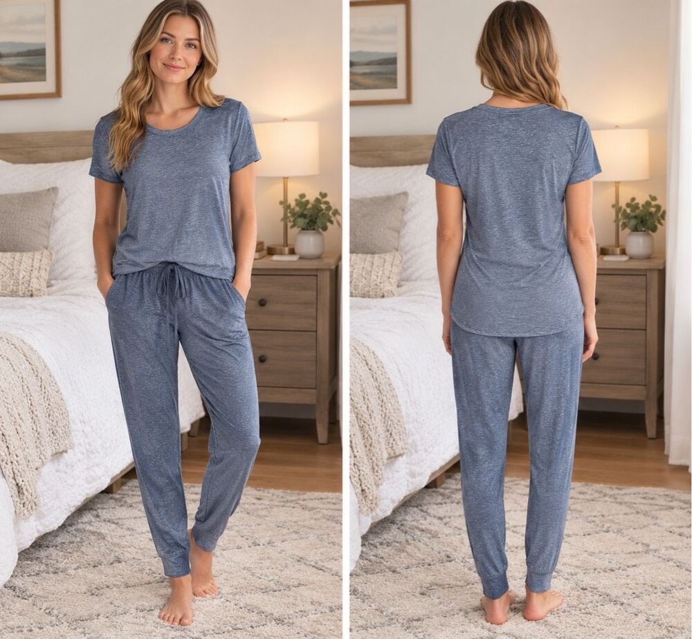 Roudelain Women S cozycore minimalist short sleeve/jogger pants pajama set blue